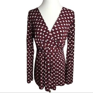 Daisy Fuentes Womens Size‎ L V Neck Crossover Wrap Blouse Wine White Gray Knit